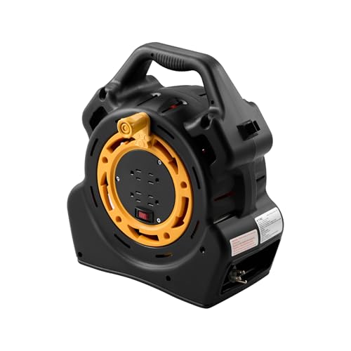 KTMC Extension Cord Reel with 50FT Power Cord, Hand Wind Retractable, 16/3 AWG SJTW, 4 Grounded Outlets, 10 Amp Circuit Breaker, Yellow, Black, UL Listed