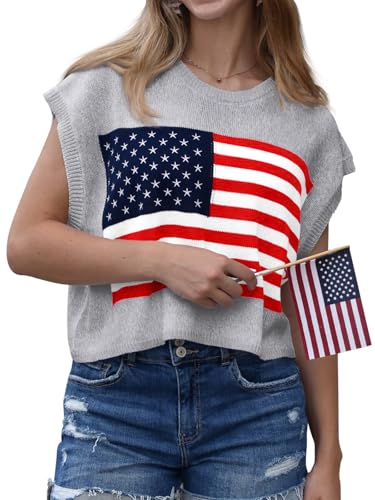 Image of Womens American Flag Sweater Cap Sleeve Summer Crop Tops Crew Neck Loose Fit Knit Sweater Pullover Top