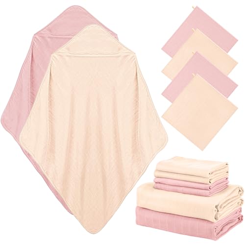 Image of Preboun 6 Pcs Muslin Hooded Baby Towels and Washcloths 32 inchx 32 inch Cotton Newborn Bath Towel Anti-Shrink Infant Baby Blankets with Hood 12 inchx 12 inch Washcloths for Girl Boy Toddler(Ivory,Pink)