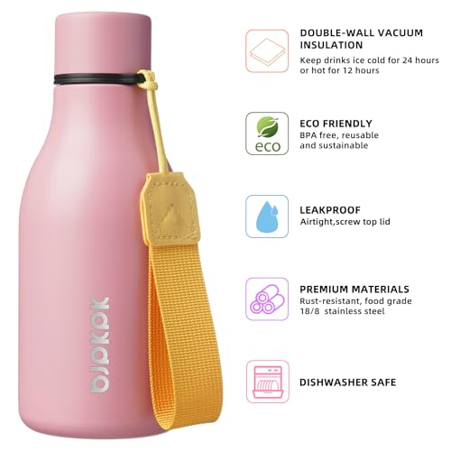Image of BJPKPK Insulated Water Bottles, 12oz Stainless Steel Metal Water Bottle with Strap, BPA Free Leak Proof Jugs, Mugs, Flasks, Reusable Thermal Flasks for Sports & Travel, Light Pink