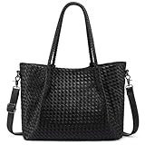 LOVEVOOK Woven Purse for Women Fashion Vegan Leather Tote Bag Womens Large Woven Bag for Summer Beach, Black
