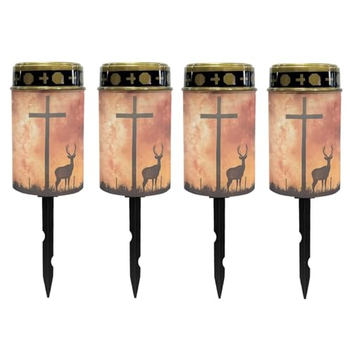 Image of Poceacles 4 Pieces Solar Powered Cross Lights - Flameless Cemetery Votive Candles, Waterproof Memorial Stake Lights for Outdoor Home Decoration, Deer Cross Galaxy Orange