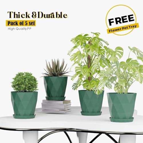 Image of OCRETA Set of 5 | 6.5 Inch Flower Pots for Home & Garden Decoration, Big Plastic Pots for Indoor & Outdoor Plants (Forest Green)