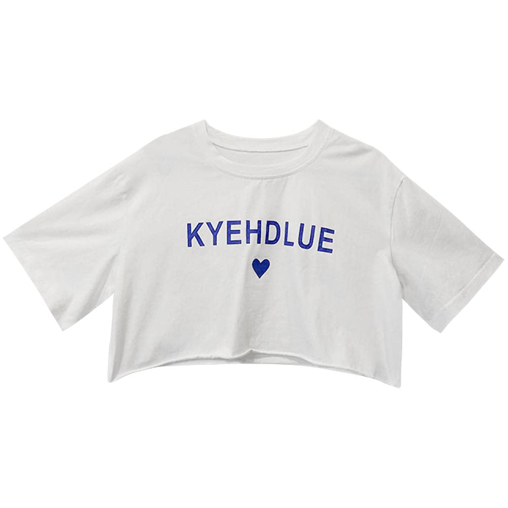 QJKai White Short Sleeve Crop Top for Teen Girls Round Neck Women Crop Top Embroidery Peach Pattern Womens Summer Crop Top M