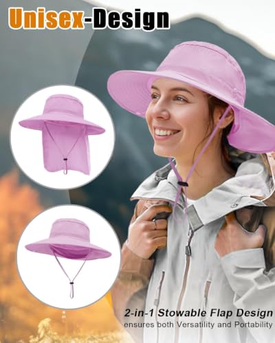 Image of Outdoor Sun Hats with Stowable Neck Flap for Men Women UPF 50+ Mesh Summer Bucket Hat Wide Brim for Fishing Safari Hiking