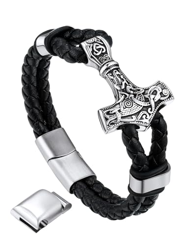 Bandmax Faux Lederarmband Herren für 21 CM schwarz Wachsschnur Armband mit Edelstahl Mjölnir Manschette Armband mit Magnetverschluss Männer Wickelarmband Armschmuck Modeschmuck für Ehemann
