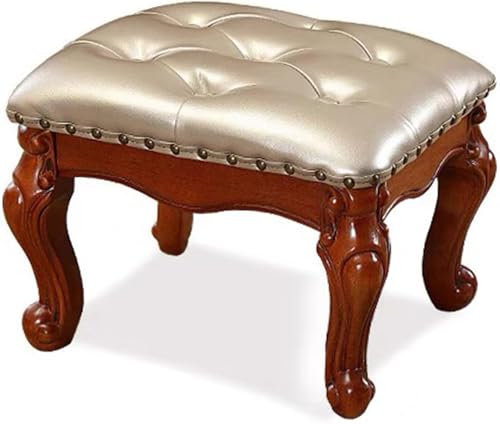 Reposapiés otomano pequeño de cuero, taburete con marco de madera maciza tallada vintage para sofá, taburete tapizado para sala de estar, sofá, entrada