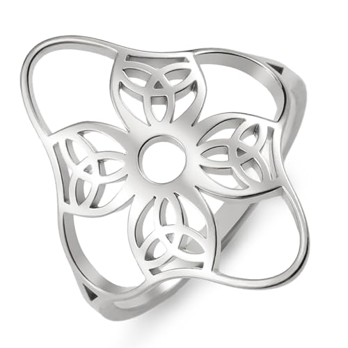 KKJOY Anillo de Nudos Trinitarios Irlandeses en forma de Trébol de Cuatro Hojas de Acero Inoxidable Anillo Celta de Triple Nudo Eternidad Promesa Amuleto de Joyería para Mujeres (Plata, Diametro 17mm)