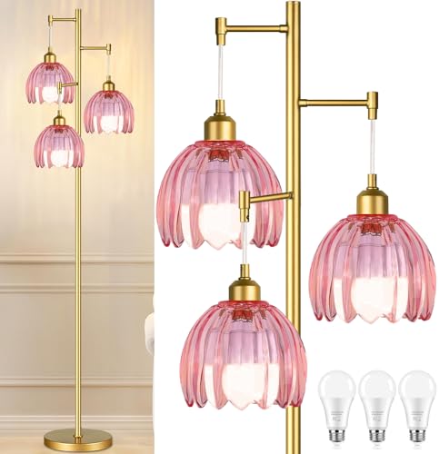 Image of ZECOXOL Dimmable Floor Lamps for Living Room-3 Light Gold Vintage Floor Lamp with Glass Lampshape & Three Bulbs,Modern Mid Century Standing Lamp Green Flower Tall Tree Floor Lamp for Bedroom Corner