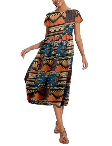 Image of LARMLISS Baggy Crew Neck Dress for Women Summer Casual Comfy Cotton Short Sleeve Tunic Beach Maxi Dresses with Pockets