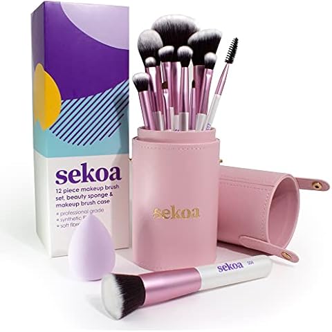 Amazon Brand - Sekoa Makeup Brushes Set, 12 Piece Professional Grade Vegan Make up Brushes with Makeup Brush Case & Beauty Blending Sponge Cover