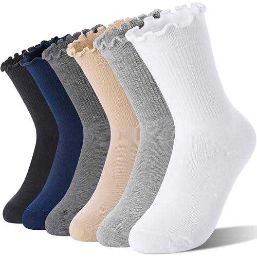 Welwoos Girls Kids Ruffle Socks Uniform School Dress Frilly Cotton Crew Gifts Socks 6 Pairs Stocking Stuffers(White/Khaki/Grey/Dark Grey/Black,5-8 Years)