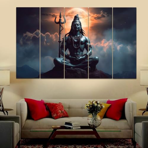 Image of Maxstone Adiyogi Shiva Shiv Meditating Wall Painting for Living Room, Bedroom, Office, Hotels,Drawing Room Wooden Framed Digital Painting (30x60 inch) M1403