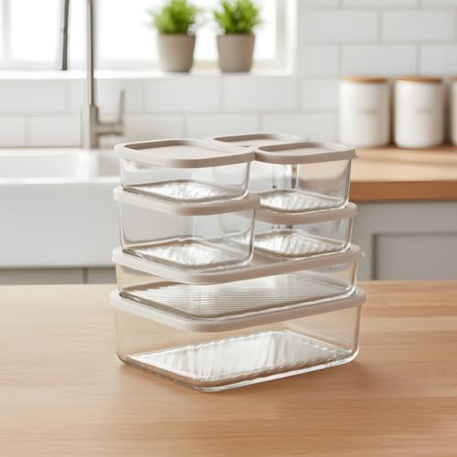 Image of Femora Borosilicate Glass Food Storage Containers with Lids Set of 7 (310ml x2, 520ml x2, 750ml, 1200ml, 1700ml) | Rectangular, Airtight & Leakproof | Microwave & Dishwasher Safe | Beige
