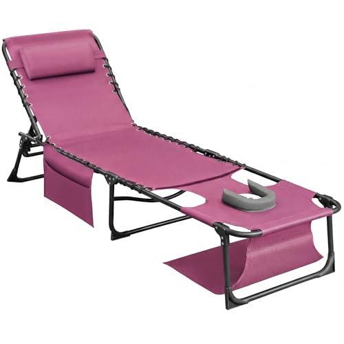 Flamaker Oversize Face Down Chaise Lounge Chair 27 Inch Wide Foldable Outdoor Patio Chair 5-Position Adjustable Tanning Chair with Face& Arm Holes for Sunbathing Pool Beach Lawn (Beige 1 Pcs)