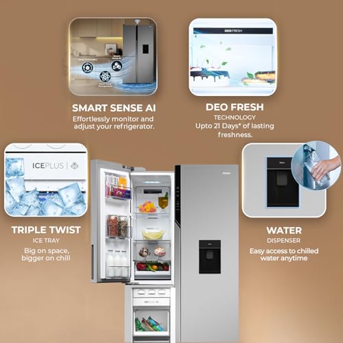 Image of Haier 592L 3Star 3-Door Water Dispenser Side by Side Frost Free Refrigerator|Convertible|Wi-Fi|Inverter|Digital Display Panel|Deo Fresh Technology (HRT-683WISU1, Inox Steel)