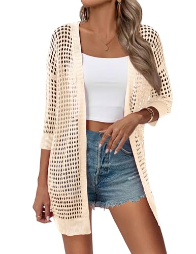 Zeagoo Lightweight Cardigans for Women 2026 Summer Short Sleeve Crochet Oversized Knit Boho Kimono Cardigans Apricot