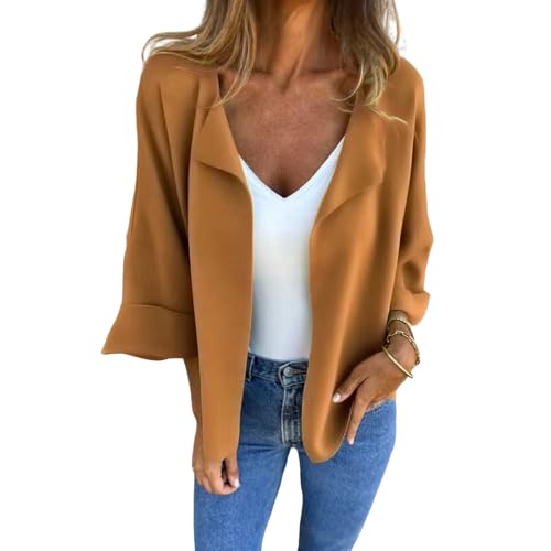Women's 3/4 Sleeve Cropped Cardigan Casual Faux Suede Lapel Open Front Coats Loose Solid Color Cardigans for Women Trendy