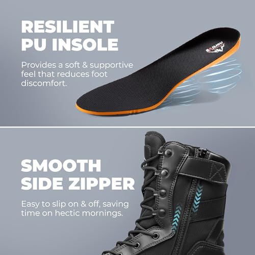 NORTIV 8 Men's 8" Composite Toe Work Boots, Lightweight Side Zipper ASTM F2412-24 & ASTM F2913-24 Safety Military Boots for All-Day Comfort, Peakforce-Nano,Size 10.5,Black