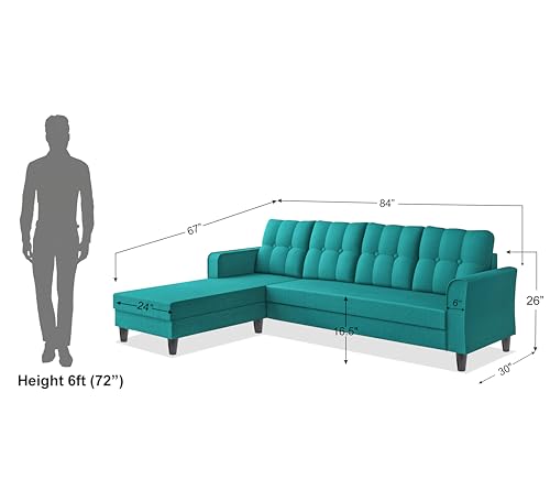 Image of Adorn India Maddox Tufted L Shape 5 Seater Sofa Set LHS (Aqua Blue) (3 Year Warranty)