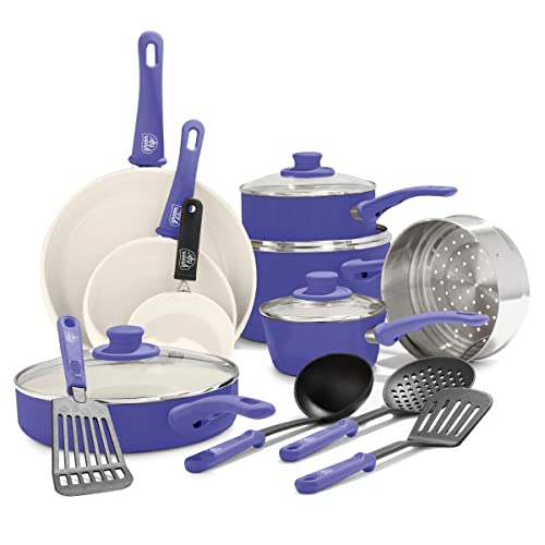 GreenLife 16 Piece Ceramic Nonstick Pots & Pans Cookware Set, Periwinkle