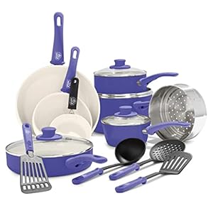GreenLife Soft Grip Healthy Ceramic Nonstick 16 Piece Kitchen Cookware Pots and Frying Sauce Saute Pans Set, PFAS-Free with Kitchen Utensils and Lid, Dishwasher Safe, Periwinkle
