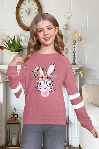Image of LAZYCHILD Kids Easter Shirt Girls Happy Easter Shirts Rabbit Graphic Long Sleeve Striped Tee Tops 5-14 Years