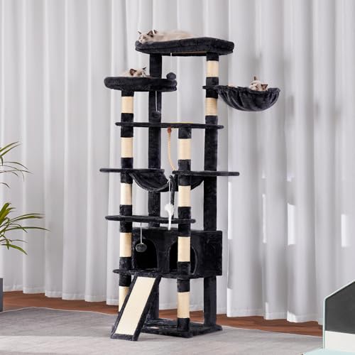 Heybly Tall Cat Tree,78 inch Multi-Level Cat Tower for Indoor Cats,2 Widened Plush Perches Cat Condo with Scratching Board and Big Caves,Smoky Gray HCT033G
