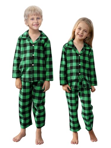Schbbbta Kids Plaid Pajamas Set, Girls Boys 2 Pcs Pajamas Set Long Sleeve Sleepwear Button Down Pjs Black Green