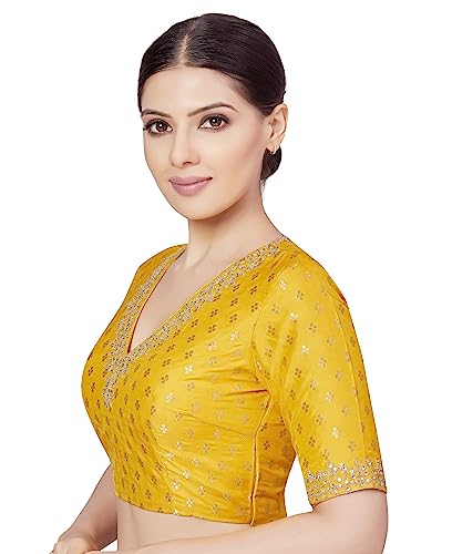 Image of Studio Shringaar Women's Brocade Embroidered V-Neck Readymade Elbow Length Sleeves Saree Blouse