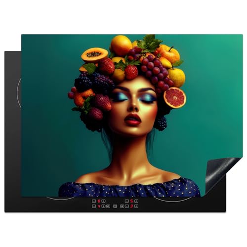 KitchenYeah© Induction Hob Protector Mat 20.5x27.6 / 70x52 cm Cooker Top Protectors Cover Ceramic Covers Electric Hobs Vinyl Woman - Headdress - Tropical - Fruit - Grapes