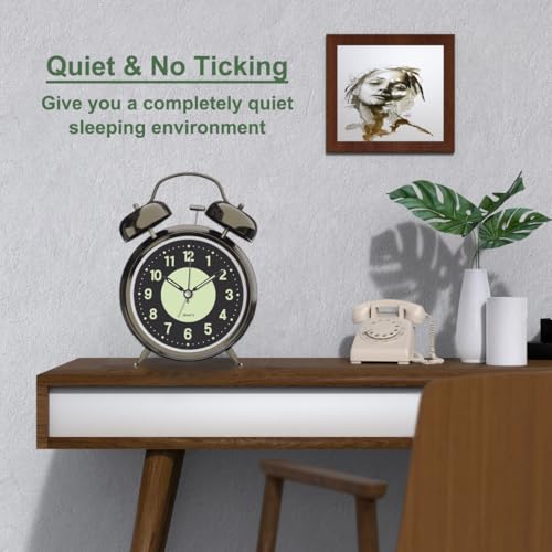 Image of Azyh Loud Alarm Clock for Heavy Sleeper, 4 Inches Twin Bell Battery Operated Metal Alarm Clocks with Night Light for Bedrooms, Retro Analog Alarm Clock for Adults, Silent Non-Ticking (Black Nickel)