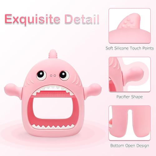 Image of Cute Shark Teething Mitten Toy for Babies, Never Drop Silicone Baby Teether, Hand Pacifier for Babies to Suck and Chew, (Pink)