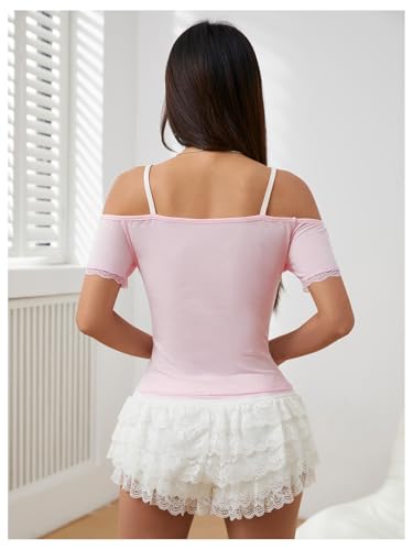 SOLY HUX Women's Y2K Coquette Aesthetic Crop Tops Summer Kawaii Clothes Cute Lace Bow Cold Shoulder Graphic Tees3
