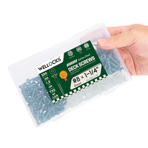 Image of WELLOCKS #8 x 1-1 /4 in Green Deck Screws, 1.2 lbs with T25 Bit | 1000+ Hour Salt Spray Coated Screws for Outdoor Fences, Decks, Trim, and Treated Lumber.