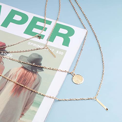 Dervivea Bohemia Layered Necklace Choker Vertical Bar Pendant Necklace Multi layer Bar Disc Necklace Gold Long Necklace Chain Jewelry for Women and Girls - Image 5