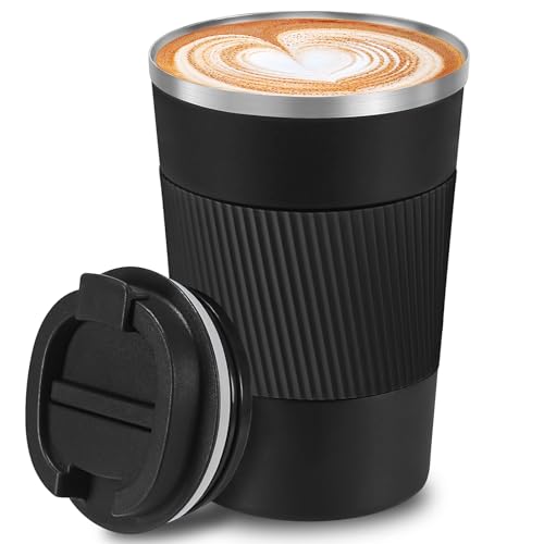 PQETBV Caneca térmica de café - reutilizável e à prova de terrames, caneca térmica de aço inoxidável, ideal para casa e escritório (preto, 13 oz)