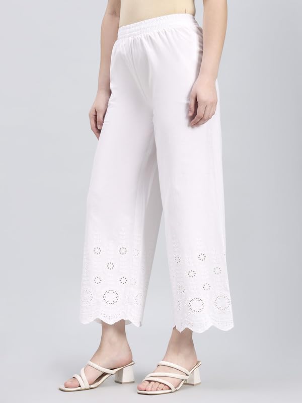 Image of GO COLORS Soft Cotton Embroidered Wide Pant Full Length for Women | Mid Rise, Breathable