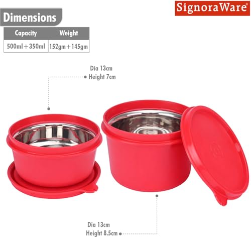 Image of Signoraware Monarch Executive Microsafe Stainless Steel Container | Airtight & Leakproof | Odor-Free & Stain Resistant | Ideal for Office & Outdoor Use (500ml+350ml | Setof2 | Red)
