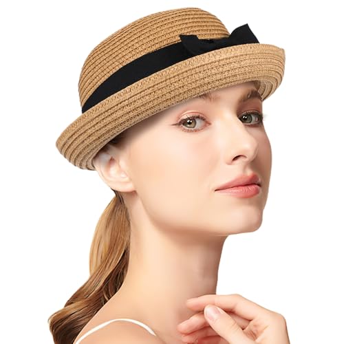 La mejor selección de Bombines para Mujer los mejores 10. 47 HOMSFOU Sombrero Bombín de Paja para Mujer ala Ancha Enrollable, Lazo Decorativo, Talla Única 56-58 Cm, Ligero y Transpirable, Protección UV para Playa y Verano