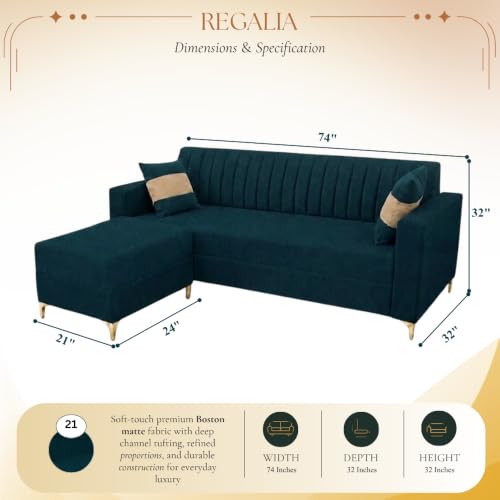 Image of FURNY Signature Regalia 4-Seater L-Shape Sofa Set with Movable Ottoman | Flexible LHS /RHS Layout | Boston Fabric | 40D Foam + Zigzag Spring | 3-Yr Warranty (Peacock Teal & Warm Beige)