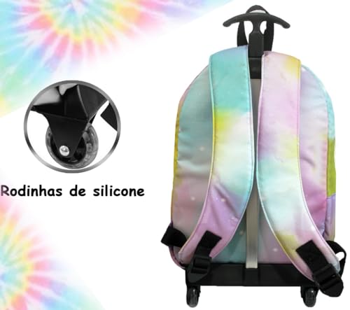 Mochila Escolar de Rodinha Menina Infantil Juvenil Escolar Tie Dye Colorida Lancheira Estojo Costas