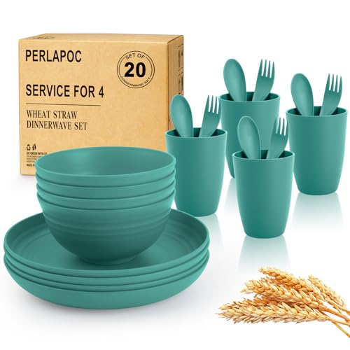 Image of Wheat Straw Dinnerware Sets for 4, 20 PCS Unbreakable Lightweight Kids Plates and Bowls Sets, Dishwasher Microwave Safe Dinnerware Set, Perfect for Kitchen Dorm Camping Outdoor - Green