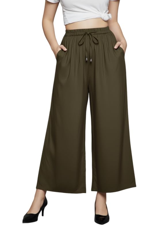 Image of Super Soft Viscose Rayon Flared Palazzo Pants for Women Stylish Wide Leg Straight Relaxed Fit Casual Ethnic Office Wear