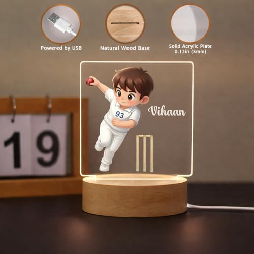 Image of SNAPTRAP LED Name Light Customized | Personalized Cricket Acrylic Lamp for Boys, Kids & Men | Custom Name Cricket Night Light | One Day & Test Cricket Jersey Designs | USB Room Decor Gift