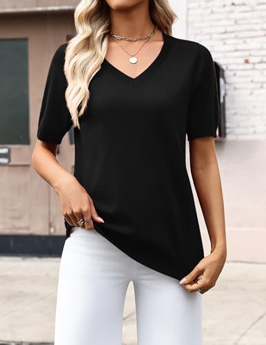 Zeagoo Spring Sweaters for Women 2026 Summer Lightweight Sweater Travel Short Sleeve V Neck Tops Dressy Casual Blouses Black — view 3