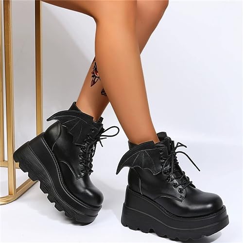 SACFOF Womens Goth Ankle Boots Platform Chunky Wedge Lace Up Combat Boots Punk Short Booties Motorcycle Platform Boots3