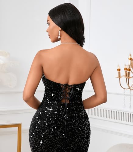 Image of dasmzper Women's Sexy Sequin Off The Shoulder V Neck Mesh See Through Dress Feather Hem Bodycon Evening Maxi Dress