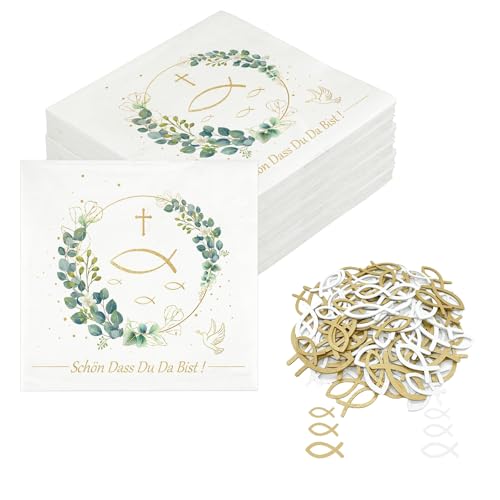 LINTRA 80 Kommunion Servietten, 16,5 x 16,5 cm Hochzeitsservietten mit 90 Fischdekorationen Servietten Kommunion Eukalyptus – für Abendmahls- und Hochzeitsfeiern