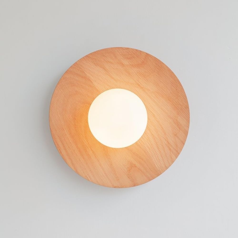 Oryginalna japońska lampa ścienna z litego drewna, styl wiejski, styl vintage, okrągła, ze szklanym kloszem, idealna do przedpokoju, sypialni, stolika nocnego lub salonu